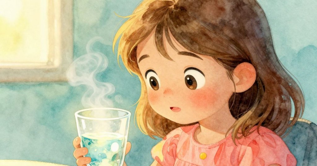 達芙妮近距離觀察桌上發光的水杯,她的眼神充滿驚奇與溫柔,室內光線柔和