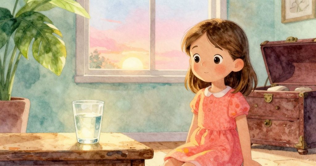 達芙妮站在兩個場景之間,一邊是蒸氣繚繞的水杯,一邊是斑駁油漆的舊櫃子,她的臉上帶著專注