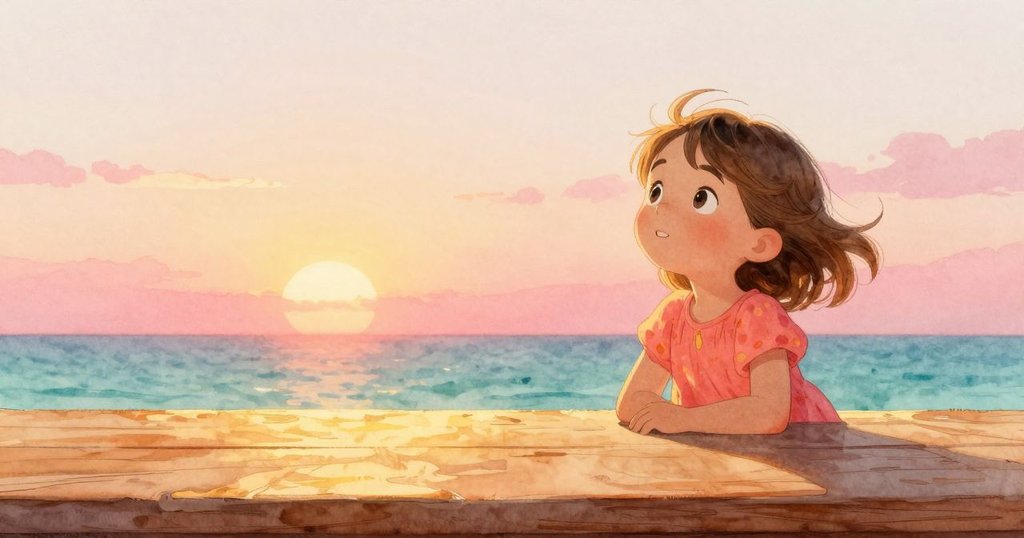 達芙妮站在桌旁,金色夕陽照耀著樸實木質表面,整個場景流露出溫暖與靜謐,表情平和