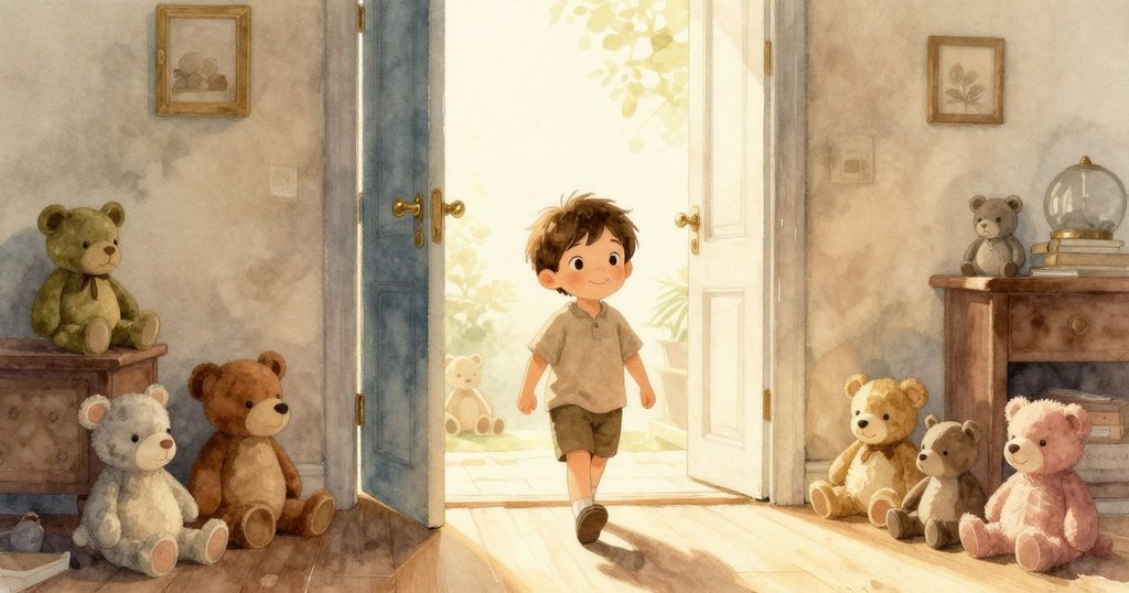 加爾踩著溫暖的地毯走向敞開的門，周圍擠滿毛絨玩具與小動物，充滿溫馨活力，故事開始展露希望。