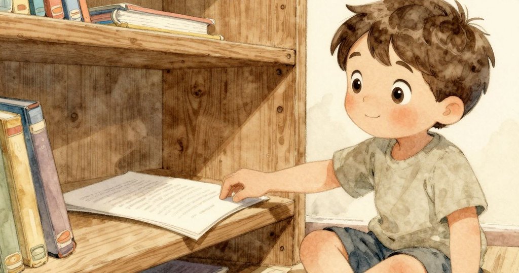 加爾伸手輕觸低矮架子，精細展現木紋和作業紙細節，室內靜謐光線中溫暖故事進入細節描寫。