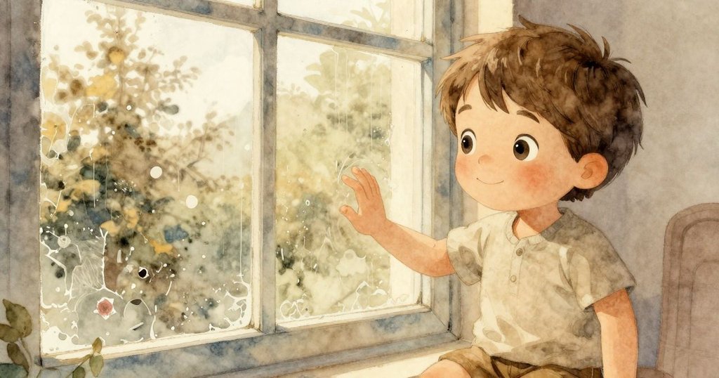 加爾輕觸涼爽密閉的窗戶玻璃，透過玻璃隱約可見外面搖曳的樹影，室內自然光線營造平靜氣氛。