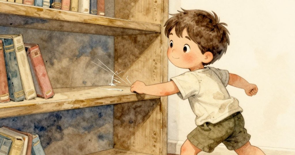 加爾急速轉身返回低矮架子，玻璃上微細劃痕及木板筆痕顯現，動態中透露出故事微妙情感。