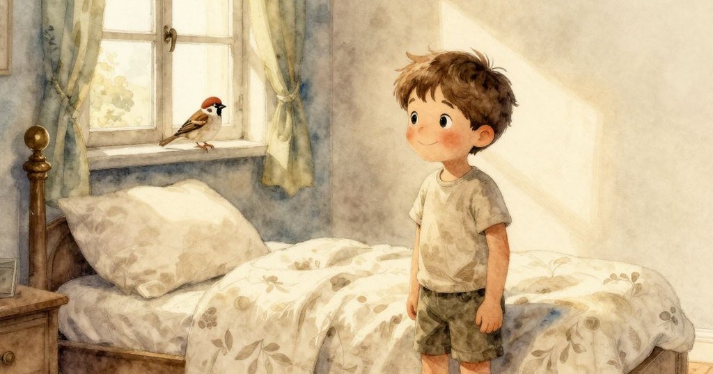 加爾站在溫暖臥室內的床邊，枕頭上折痕明顯，小麻雀輕落窗台，室內外再次匯合呈現溫馨結局。