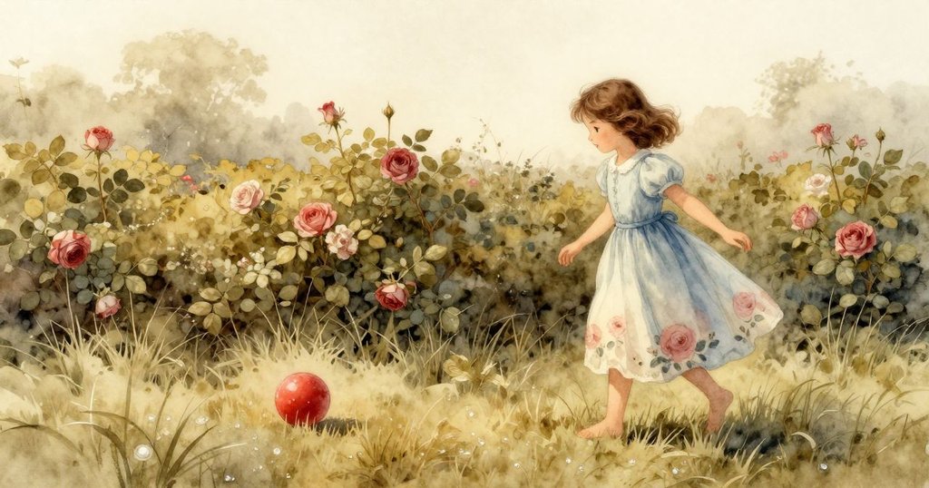 Clara在晨霧中跪在草地上，好奇地望著滾動的紅球和濃密樹籬，清晨光線柔和。