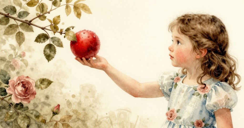 Clara伸出手試圖夾住紅球，但低垂的枝條輕輕阻擋，她的小手和露珠細節清晰。