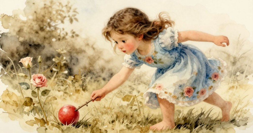 Clara拿起一根長枝輕戳紅球，鏡頭傾斜呈現出枝條與紅球微動的動態美，背景充滿自然氣息。