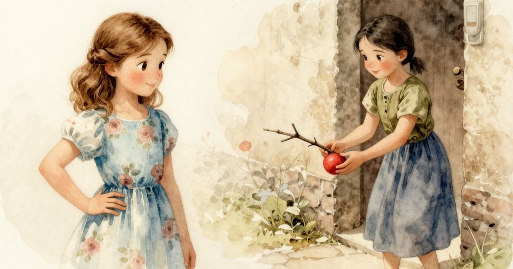 Celina從巷弄走出與Clara攜手合作調整枝條，背景從樹籬過渡到充滿生機的庭園，光線柔和。