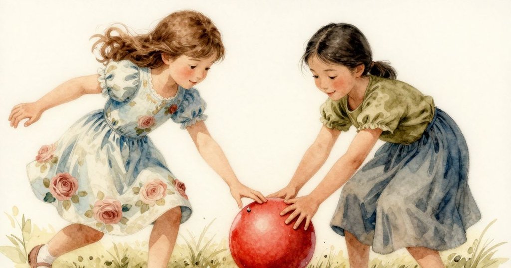 Clara和Celina合力輕推紅球，一顆小卵石滾動間帶來動感，兩人的動作充滿活力與默契。