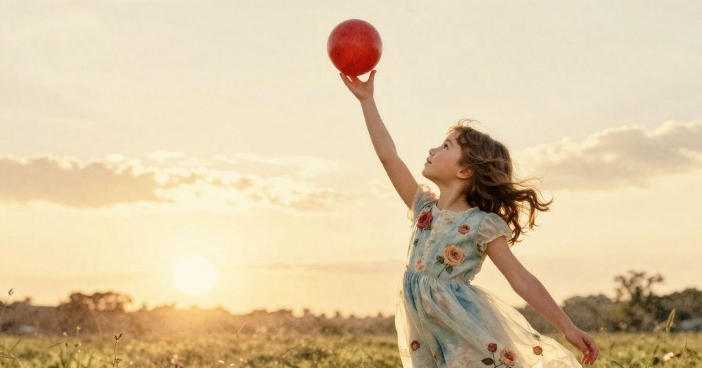 在金色夕陽下，Clara面帶燦爛笑容舉起紅球，一粒蒲公英種子緩緩飄過，結束溫馨故事。