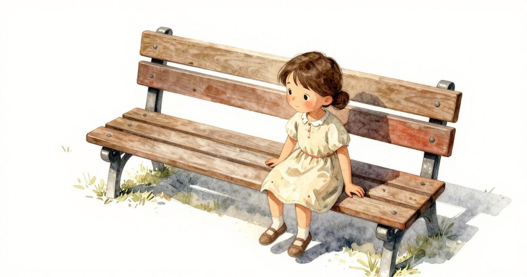 Faye 坐在公園長椅上輕觸溫暖木頭，俯視角展現小鎮公園全景，動作充滿好奇與溫柔。