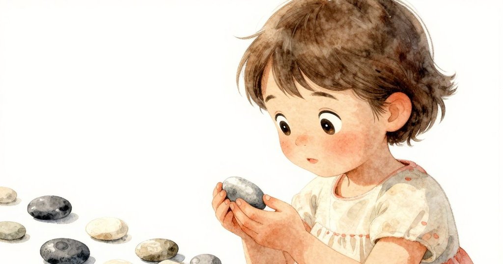 Faye 仔細端詳平整石子，雙眼充滿驚奇特寫展示溫暖光線下的情感流露。