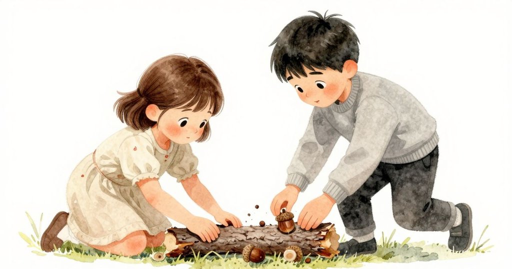 仿生物視角看見Faye擺放樹皮，Max攜帶橡子走向前，場景自然溫暖且充滿互動。