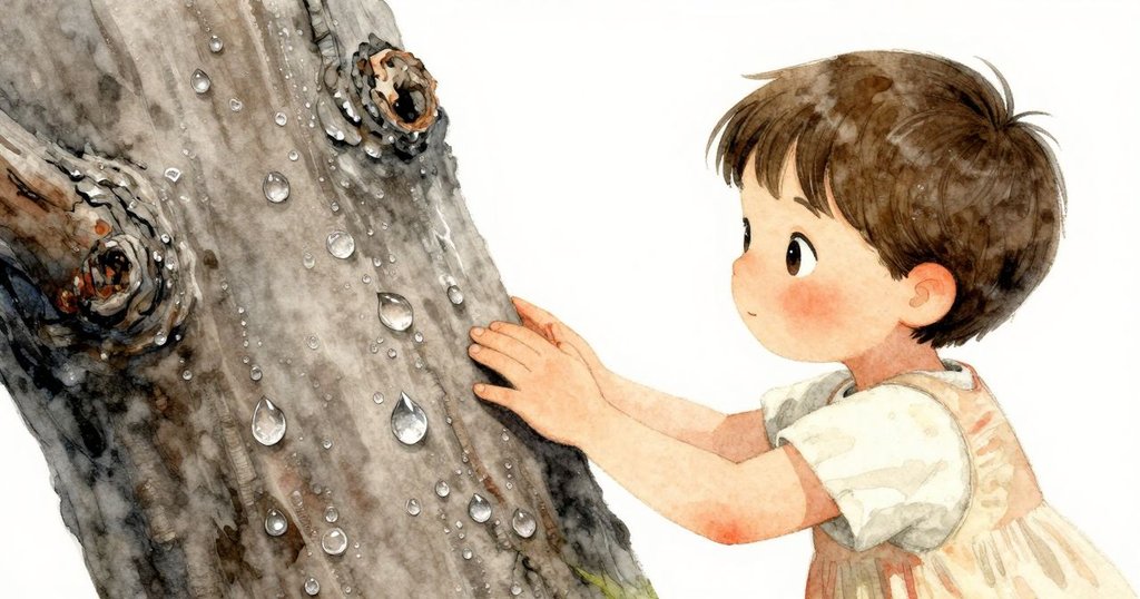 Faye 正輕輕按壓樹皮，晨露在表面閃爍如水下光影，展現細膩動作與質感。