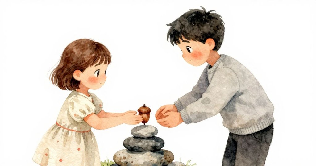 Max 將橡子遞給Faye，Faye 小心放置於石皮結構上，臉上流露驚喜與專注，完成創作基礎。