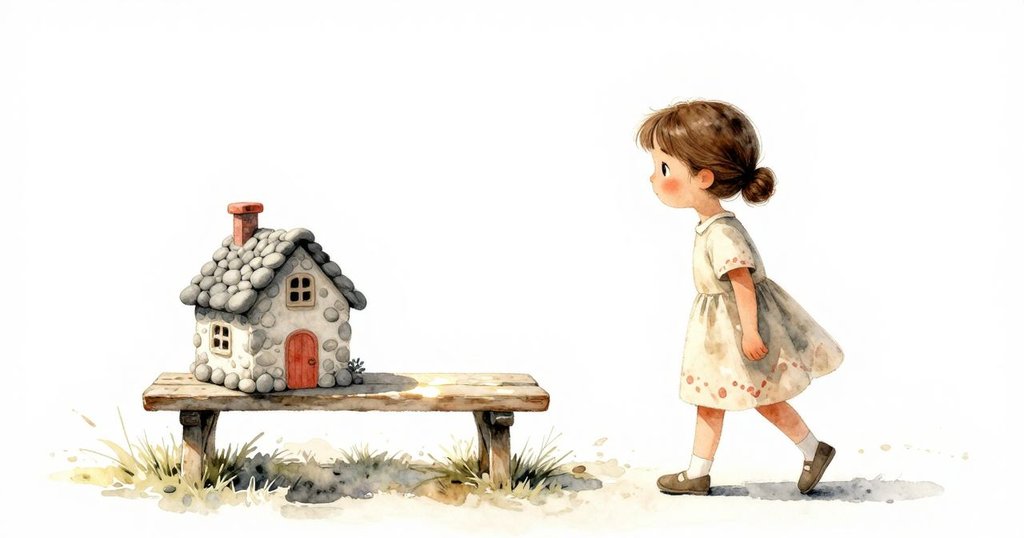 Faye 完成微小石屋後退步，靜謐滿足流露於溫暖陽光下，寬闊場景展現未來創作新希望。