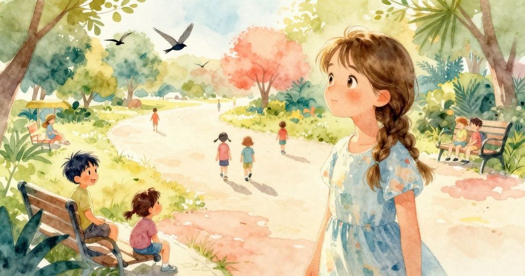 艾瑪坐在長椅上欣賞新鮮青草，Marco遠處揮手，背景中有飛翔的小鳥，陽光溫暖明亮，充滿活力