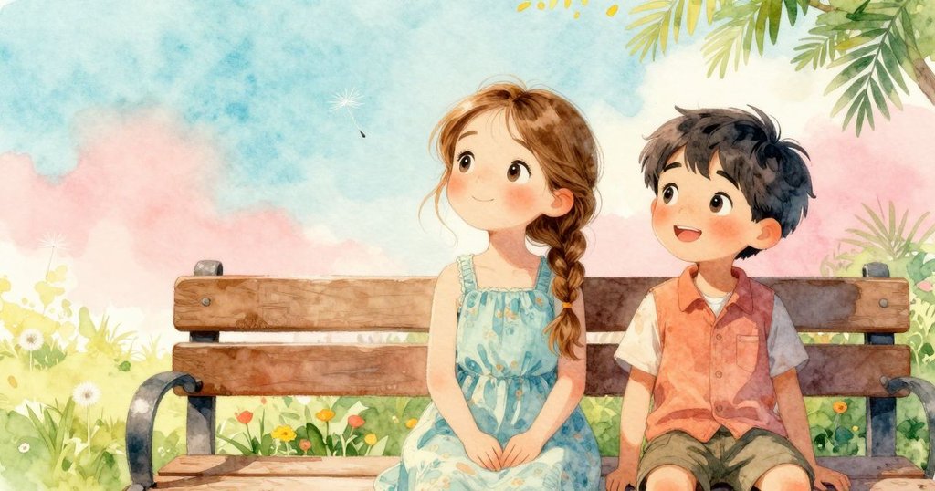 木質長椅細節特寫於晨光中展現，蒲公英種子輕緩下降，細節豐富透露大自然溫柔氣息