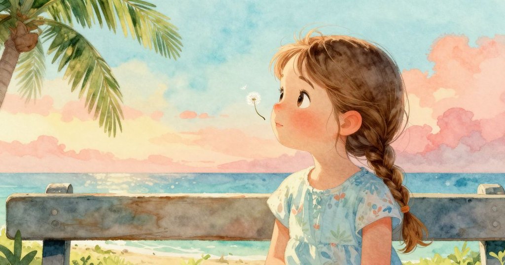 從背後角度看艾瑪，蒲公英種子輕觸鼻尖，柔和羽毛飄落，捕捉魔幻溫柔瞬間，臉上泛起微笑