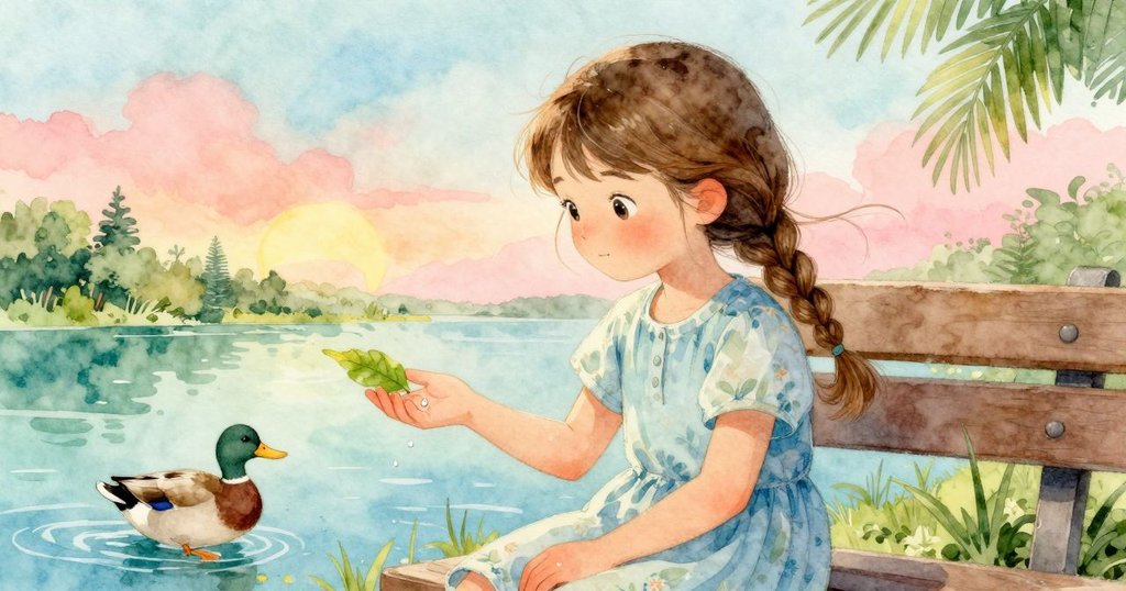 時間流逝中，艾瑪靜坐長椅上感受微風拂葉，水珠滴落手上，池塘中鴨子緩步經過自然魅力