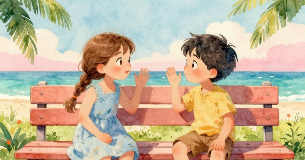 Marco熱情揮手打招呼，艾瑪輕輕吹氣回應互動溫暖，背景展現公園靜謐自然風光