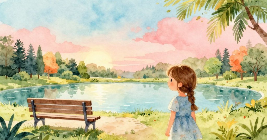 寧靜公園全景展現，艾瑪安坐長椅上靜觀大自然，池塘上日光閃耀，鴨子悠然遊走，氛圍祥和