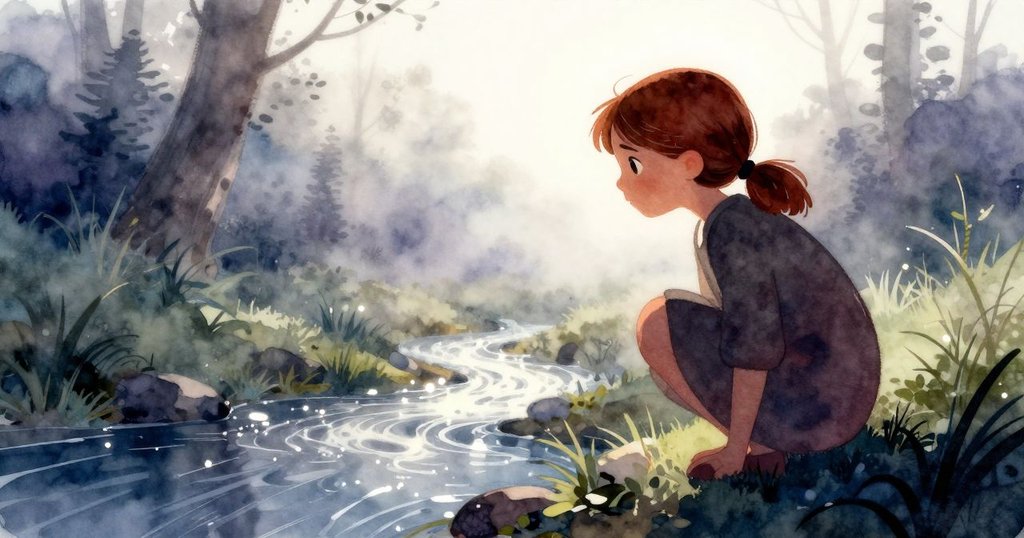 Viola在晨光中蹲在溪邊，其側影與柔和光芒交織，展現探索大自然的靜謐與期待