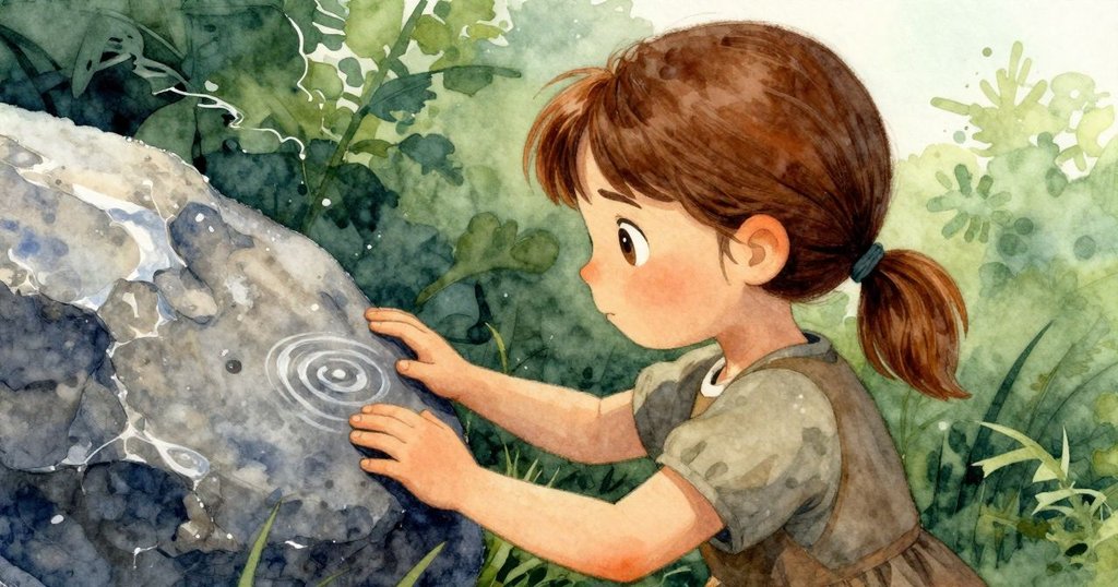 Viola近距離注視石頭，輕觸引起水波蕩漾，流露出探索自然奧妙的好奇神情