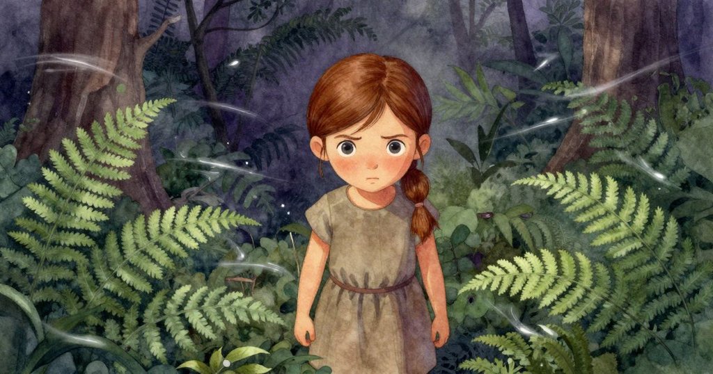 從高處俯瞰Viola與靜謐蕨類之間的互動，周圍薄霧與柔和光線突顯她沉浸於大自然中的驚奇