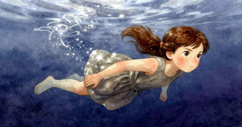 在透明溪水下，一道神秘銀光生物優雅穿梭，水中光影交錯營造出奇幻且靜謐的自然景象