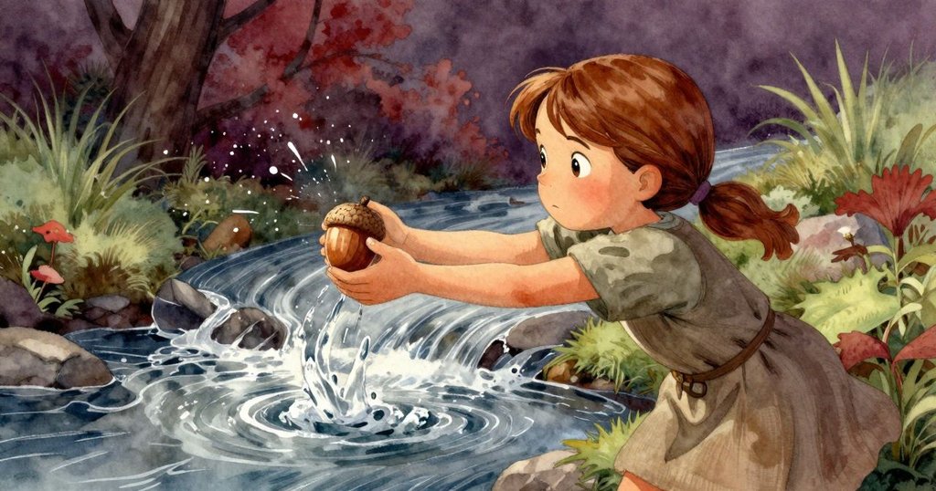 Viola驚奇地發現乾燥橡實蓋，放入溪流中隨水旋轉，其動作展現與大自然和諧共舞的詩意