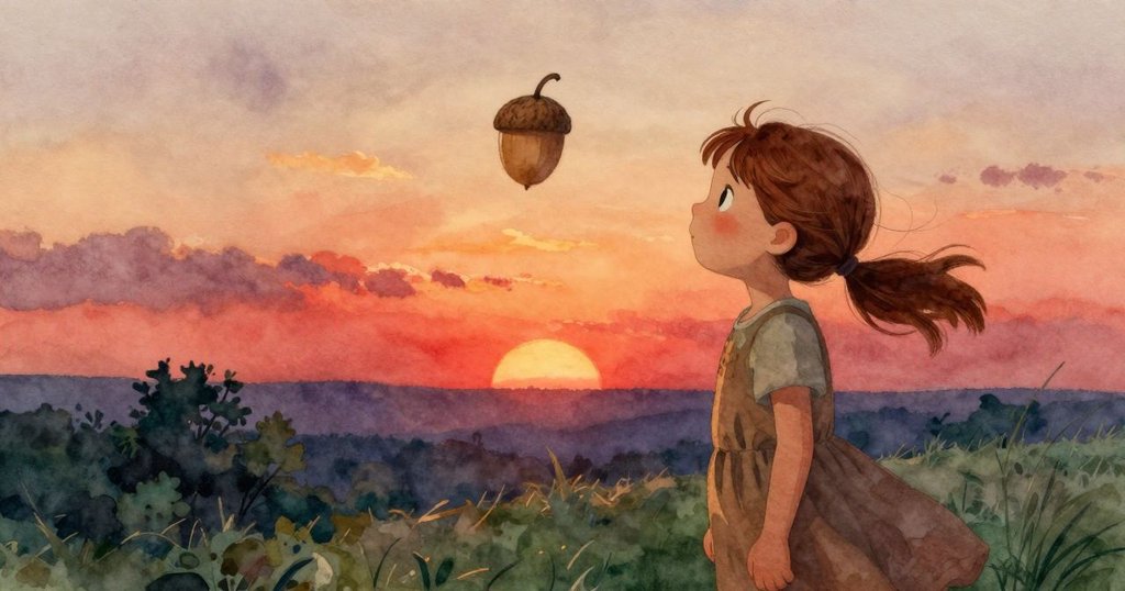 在金黃夕陽中，Viola靜默凝望旋轉的橡實蓋，伴隨柔風吹拂與遠處鈴音，展現和諧與平靜的結局