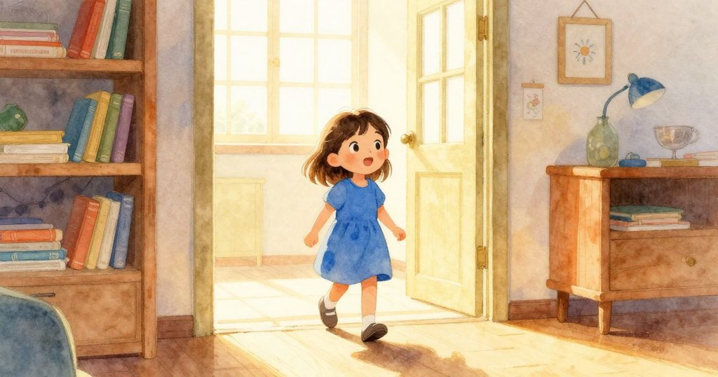 Celina 穿藍裙步入明亮房間，晨光灑入空間，書架前充滿期待，神情溫暖且充滿希望。