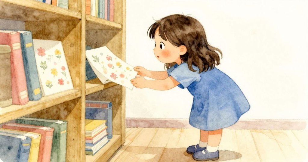 Celina彎腰靠近書架間隙，仔細觀察印有細膩花紋的紙片，房內明亮且充滿溫馨好奇。