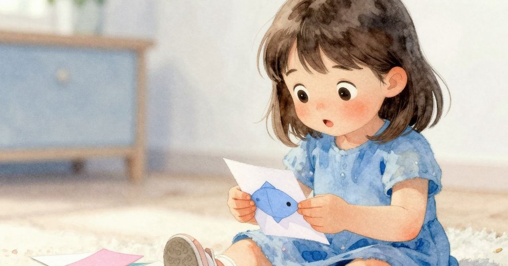 以低角度觀察，Celina專注摺紙成魚形，雙手細膩動作彰顯創作專注，環境溫馨充滿工藝感。