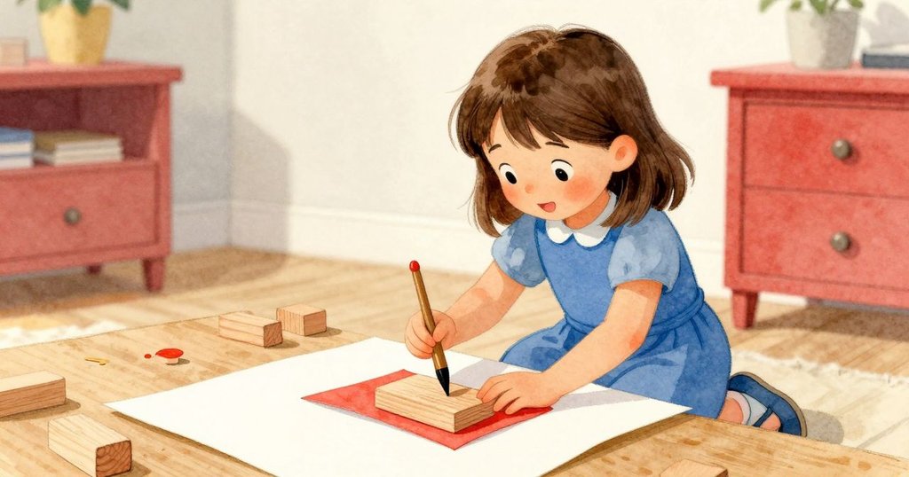 Celina試用木塊及畫筆壓摺紙，細微塵埃在紙上灑落，光線明亮凸顯創作過程，充滿實驗與細膩感。