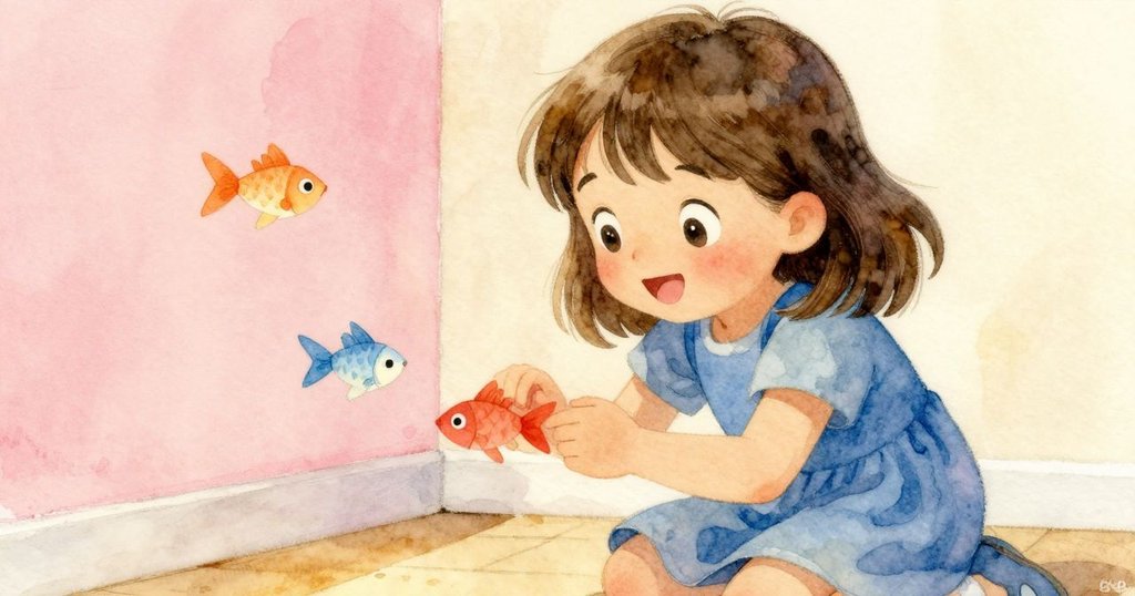 Celina滿懷喜悅細察充滿塵埃花瓣的紙魚，神情洋溢著滿足與驚喜，室內角落溫馨而富有故事感。