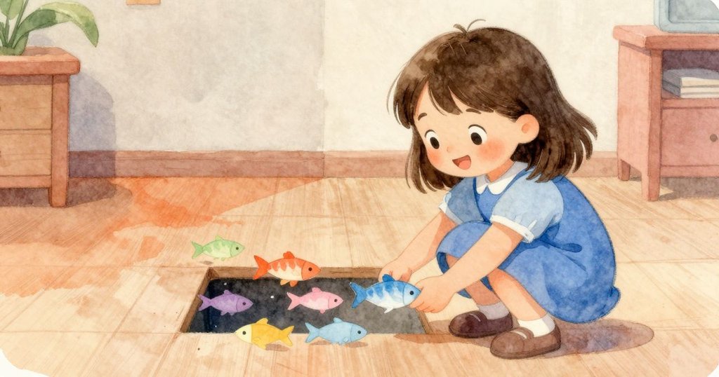 Celina微笑著將完成的紙魚放回書架間隙，室內溫馨明亮，象徵新故事展開，充滿滿足與希望的心情。