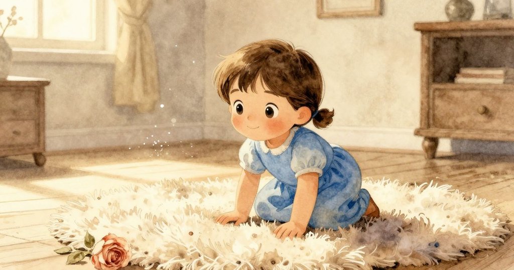 Odette在溫暖明亮的房間內輕拍柔軟地毯，陽光灑落塵埃跳躍，充滿新的一天期待與喜悅。