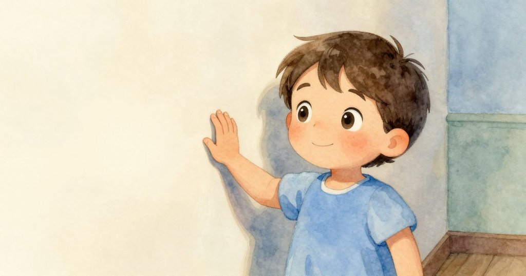 從低角度觀察，Odette輕觸光滑牆面，晨光映照，彷彿小生物在注視這份靜謐溫柔。