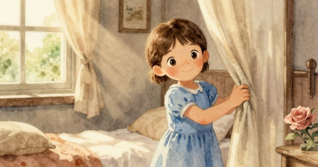 Odette輕推窗簾邊緣，柔和晨光透窗灑進室內，床上光影跳躍，營造舒適與自然交融的氛圍。