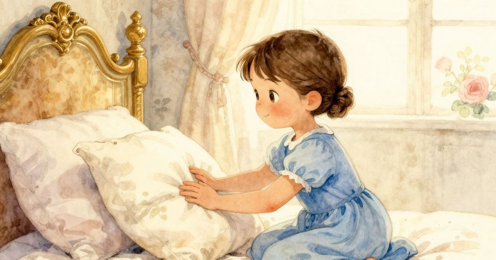 在溫暖晨光中，Odette輕拍枕頭迎接走進房間的親切人物，臉上洋溢著親和微笑與安心。