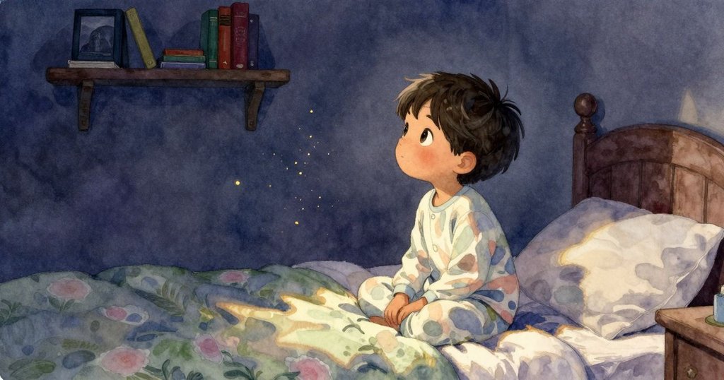 凱倫站在床邊觀察地上彩帶和金色塵埃，明亮晨光灑入房間，呈現溫暖與好奇的早晨場景。