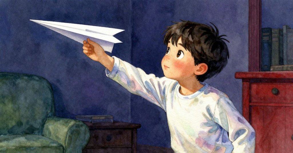 凱倫好奇傾身觀看室內滑行的紙飛機，傾斜視角營造動感，晨光與室內溫和光線相映成趣。