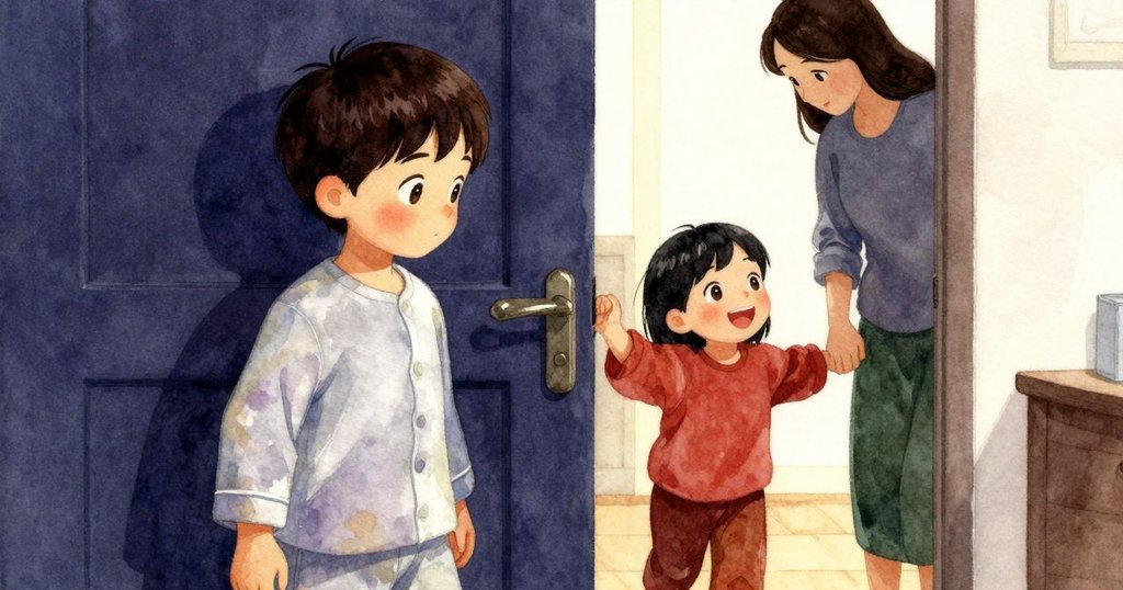 凱倫邁向門口，與迎候的家長共享笑容，溫暖室內燈光中洋溢著迎接早餐的喜悅。