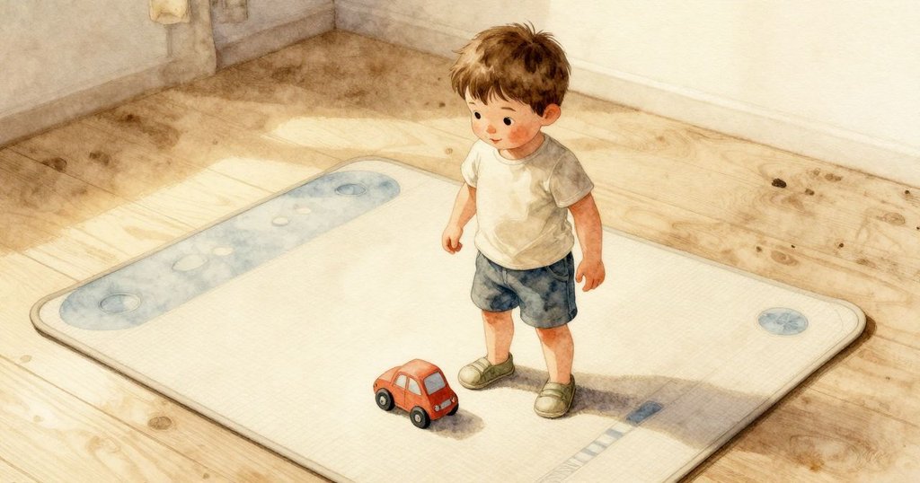 Zev站在室內玩具墊上,小車向前滾動,鳥瞰視角展示溫暖家庭環境,充滿晨光與玩具細節