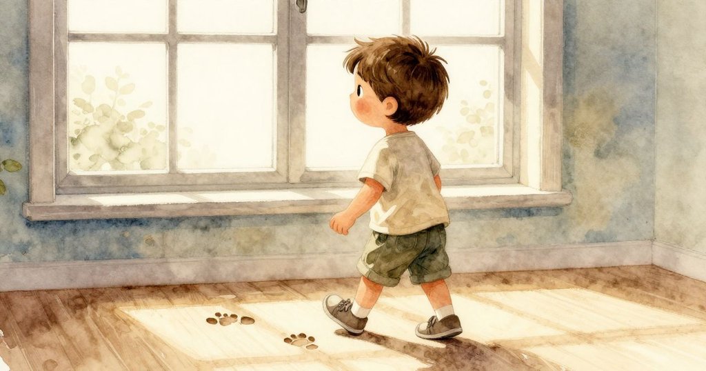 Zev向著陽光窗戶前進,小腳步在玩具墊上留有印記,展現探索旅程與晨光溫暖的室內氛圍