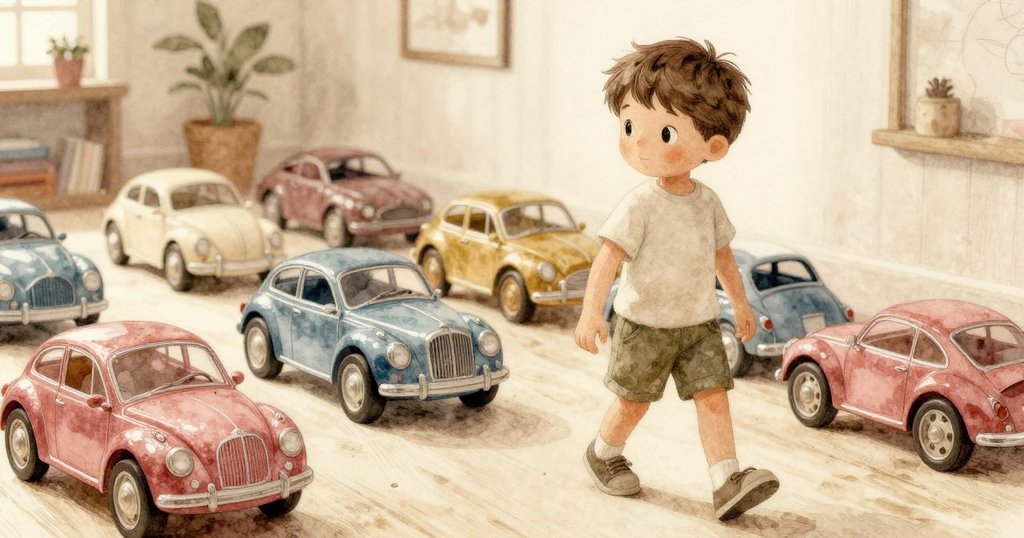 Zev走過排列整齊的玩具車,車頂反射光芒,他眼中閃爍著好奇與活力,室內場景溫暖而生動