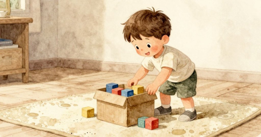 Zev在積木盒旁細看細小水痕與灰塵圓圈,晨光柔和灑落,室內氛圍舒適且充滿小驚喜