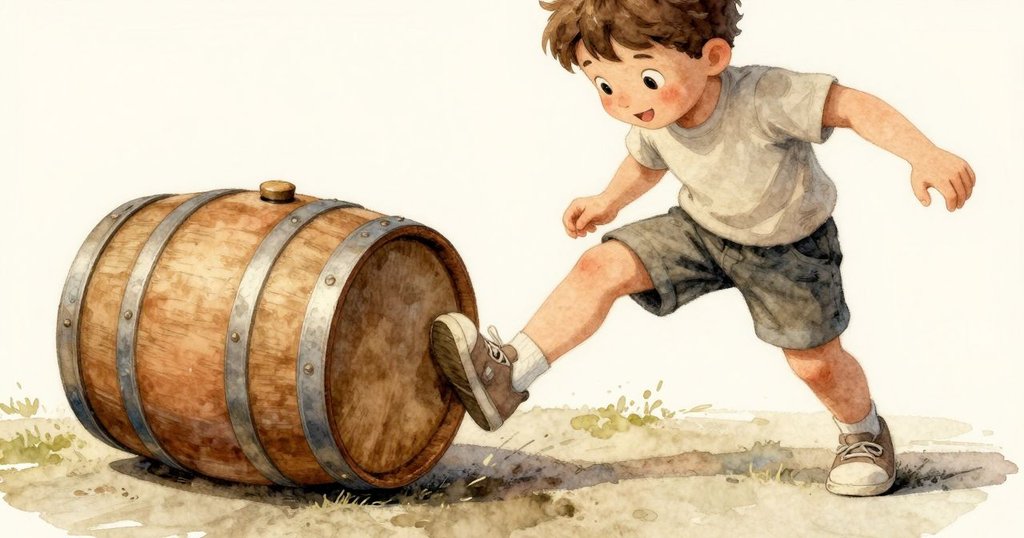 Zev用腳輕觸桶形積木,積木沿著玩具墊滾動,他露出驚喜表情,室內場景充滿動感與趣味